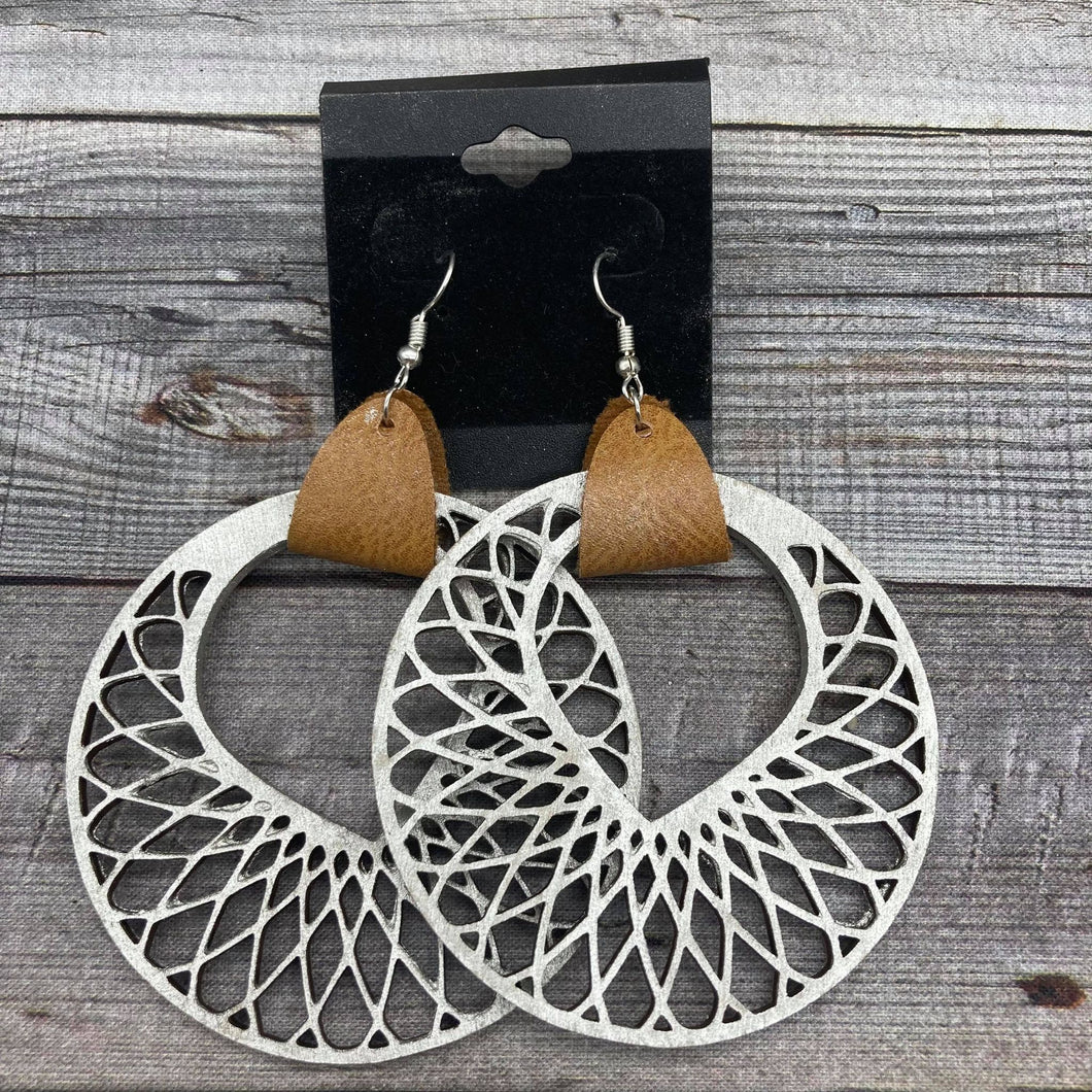 Silver Hoops with Caramel Leather