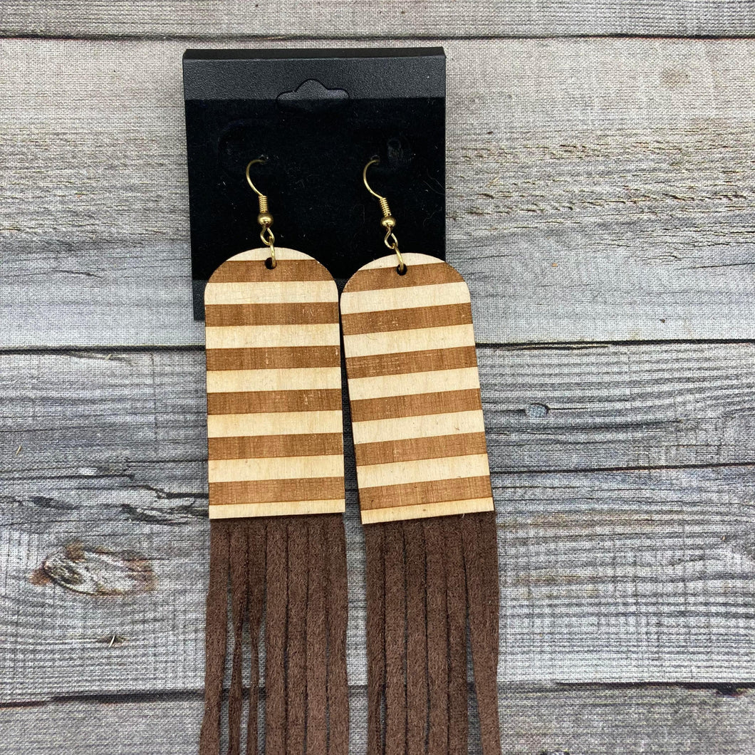 Striped Wood Long Fringe Earrings