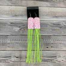 Load image into Gallery viewer, Pink Leopard with Neon Green Fringe Earrings
