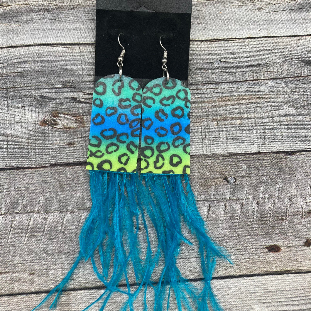 Teal Leopard Acrylic with Teal Ostrich Feather Fringe