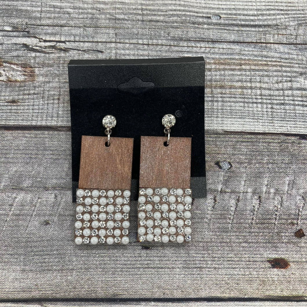 Wood and Rhinestone Drop Earrings