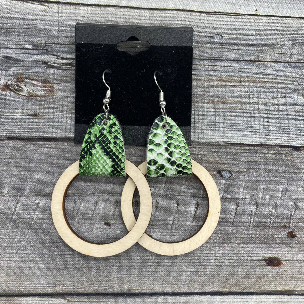 Light Wood Hoops with Green Snakeskin Leather Connectors